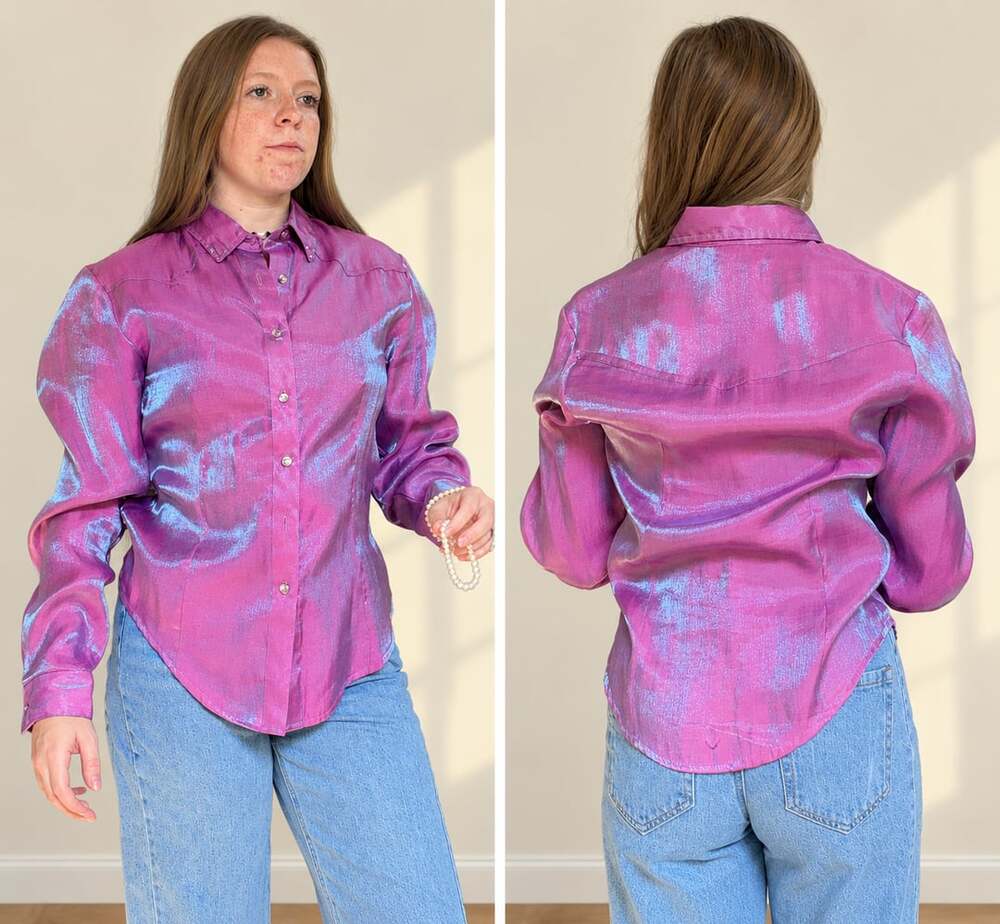 Vintage Roughrider Shiny Iridescent
Pink Purple Western Snap Button Shirt M USA